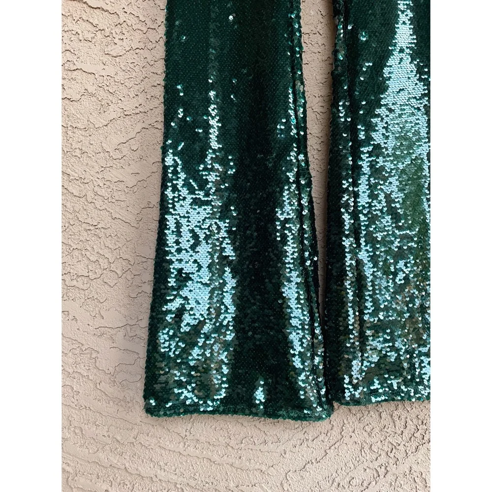 ZARA NWT BLOGGER FAVE Emerald Green Sequin Flare Leg Pants Holiday Party Pants - Picture 12 of 17